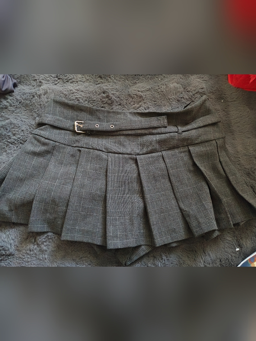 Emerson Lang Plaid Skirt in Charcoal Grey with Subtle Red Windowpane